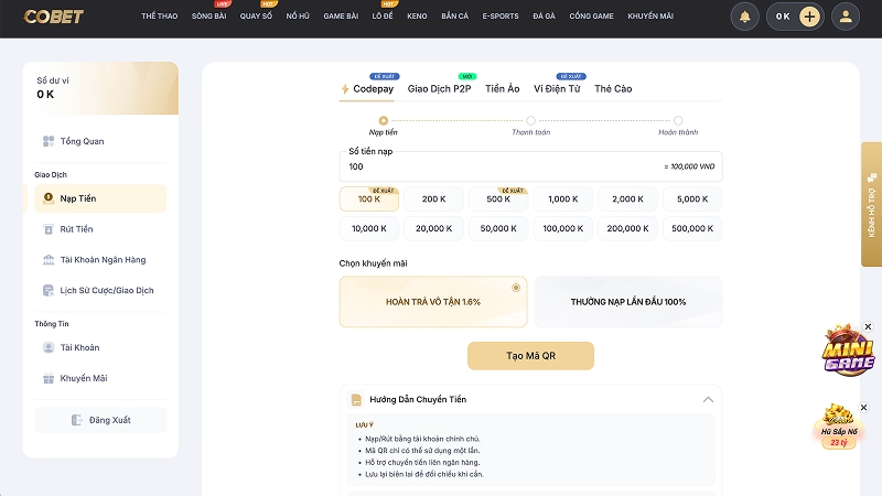 Nạp rút tiền nhanh chóng và tiện lợi ở COBET